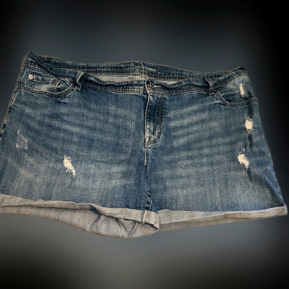 Old Navy Boyfriend Blue Denim Jean Short Stretch Mid Rise 20 Plus Distressed